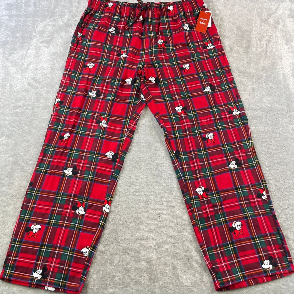 Disney x Old Navy Pajama‎ Pants Mens XL Red Holiday Mickey Minnie Plaid Vacation